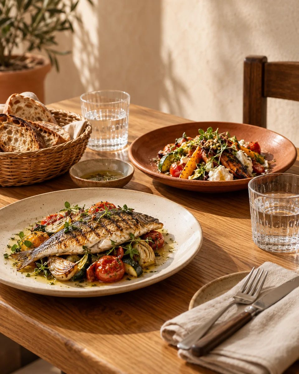 Mesa para dos con platos mediterráneos y luz de mediodía